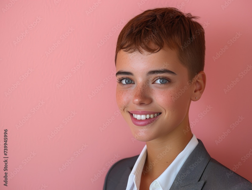 happy smiling or laughing American female office worker with very short hair on professional background happy smiling or laughing American female office worker with very short hair on professional background