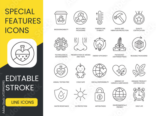 Packaging Features Line Icons Set in Vector with Editable Stroke, Environmentally Friendly Packaging and UV Protection, Shelf Life or Freshness Guarantee and Airtightness, Water Resistance and Shock