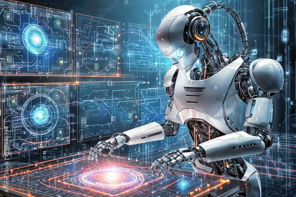 Robot controlling a quantum computer, hologramme Robot controlling a quantum computer, hologramme