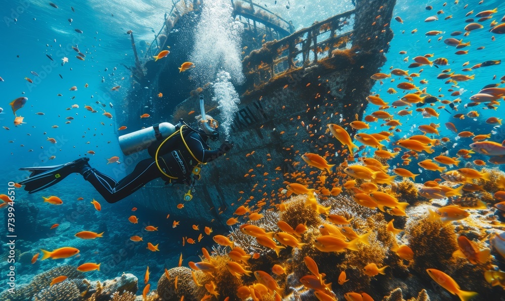 diver exploring a sunken ship surrounded by a school of tropical fish, vibrant coral in the background - obrazy, fototapety, plakaty 