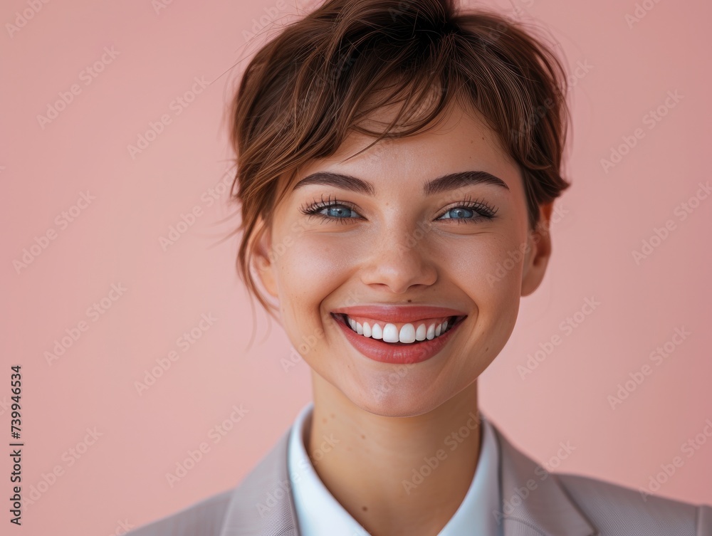 happy smiling or laughing American female office worker with very short hair on professional background happy smiling or laughing American female office worker with very short hair on professional background