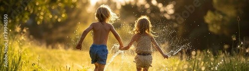 children running through a sprinkler, joy and water droplets in the air, garden backdrop
