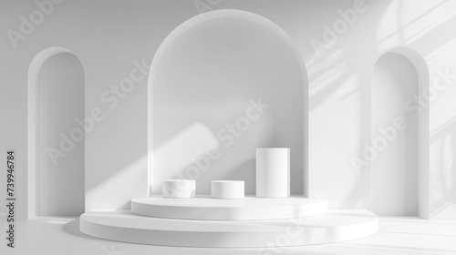 Empty round white podium with platforms for product display on white wall background, Luxury minimal scene for presentation