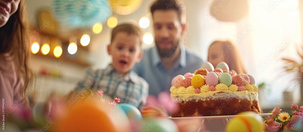 A man, woman, and child gather around a delicious Easter cake and painted eggs, examining them with interest.