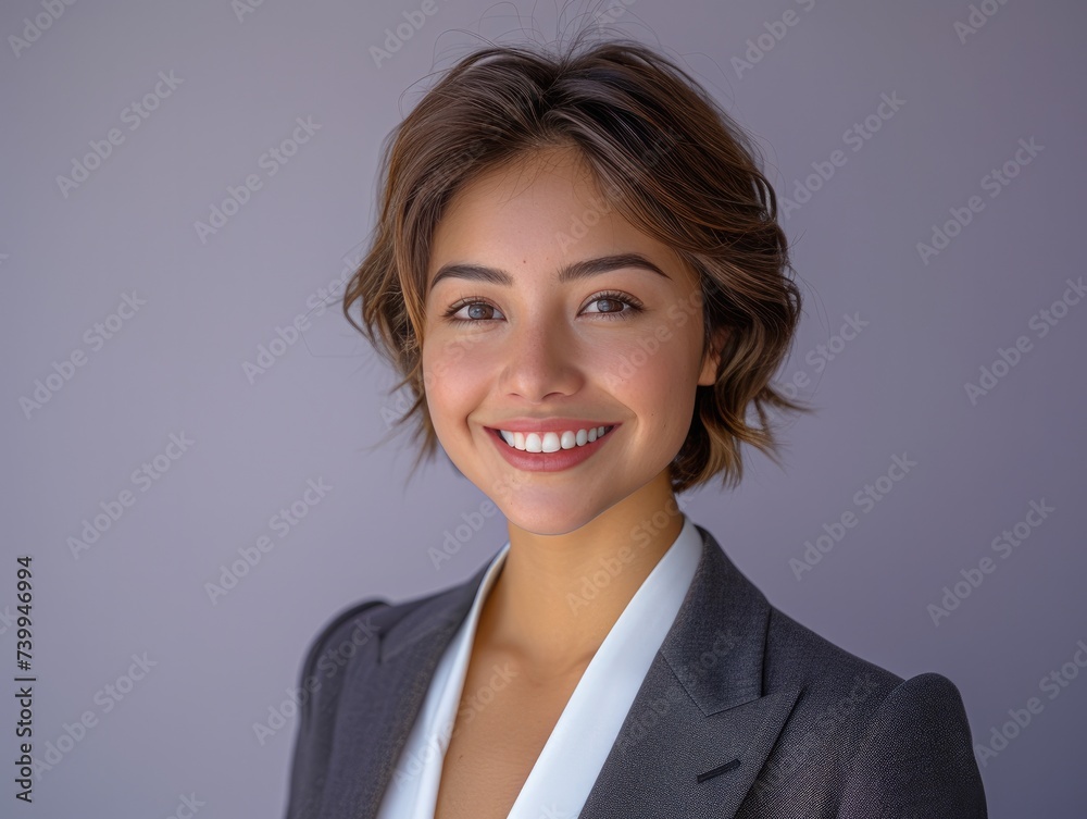 happy smiling or laughing American female office worker with very short hair on professional background happy smiling or laughing American female office worker with very short hair on professional background