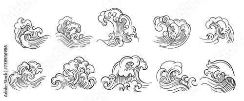 Japanese wave set. outline cartoon crashing splash tide waves, japan sea vintage wash curls drawings isolated on background vector illustration photo