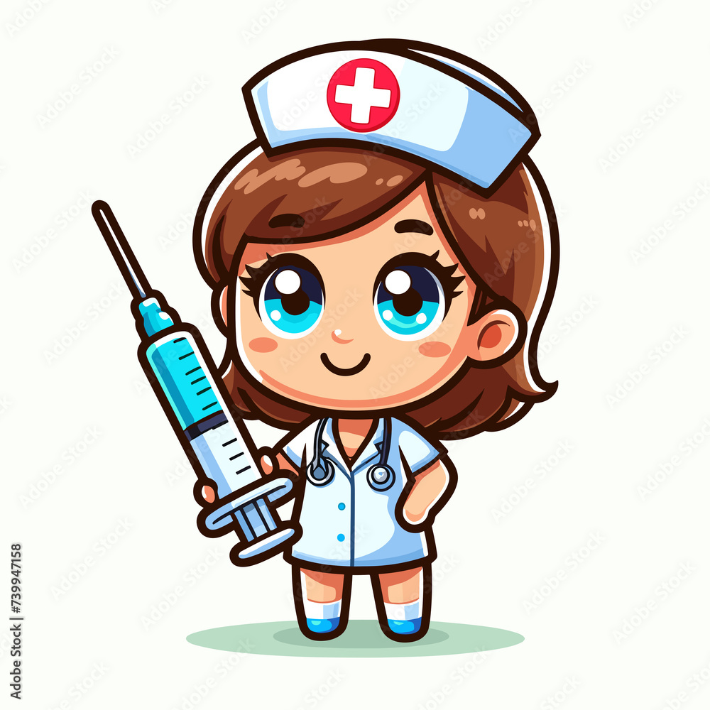 Cartoon character nurse with syringe, flat colors Cartoon character nurse with syringe, flat colors