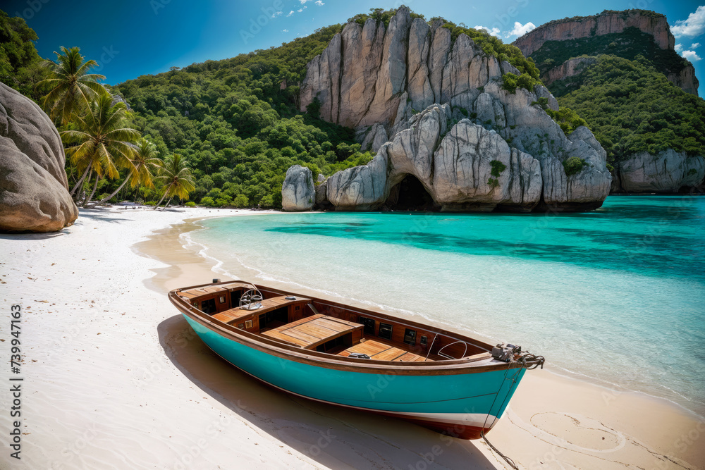 Boat  on a white sand beach in the tropical ocean with palm trees