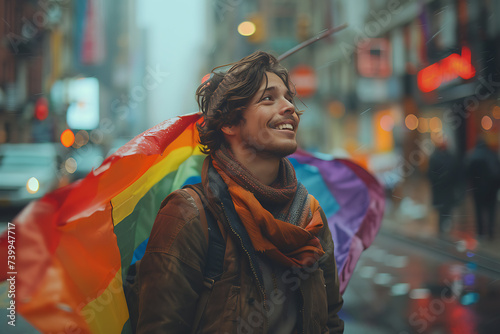 lgbt pride, man walk   down the street with rainbow flags 
