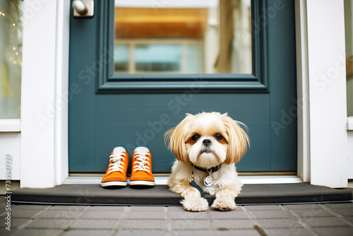 dog sitting beside shoes on a homes doormat © Natalia