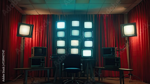 Cinematic Shot  GENRE: Sci-fi drama | EMOTION: beauty, fear | SCENE: 9 retro-futuristic CRT computer monitors stacked on top of each other in a 3x3 grid light by overhead lighting in an empty dark whi photo