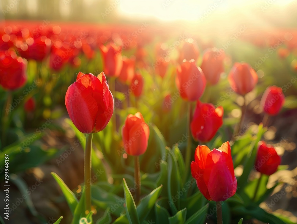 Sunlit scene overlooking the tulip plantation with many tulips, bright rich color, professional nature photo
