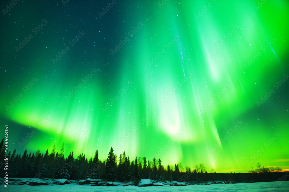 a bright green aurora covering the starry night sky a bright green aurora covering the starry night sky