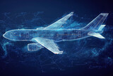 Polygonal commercial airliner. Flying passenger or cargo plane. Travel or air freight concept. wireframe. Low poly air transport model. dark-Blue background. plexus, triangle, dot