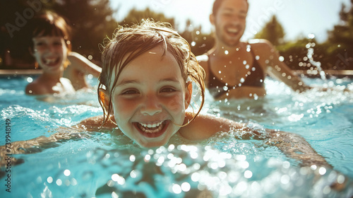 Children splash with pleasure and laughter in the pool in sunny summer weather