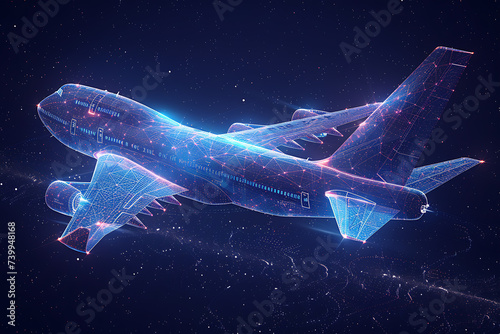 Polygonal commercial airliner. Flying passenger or cargo plane. Travel or air freight concept. wireframe. Low poly air transport model. dark-Blue background. plexus, triangle, dot