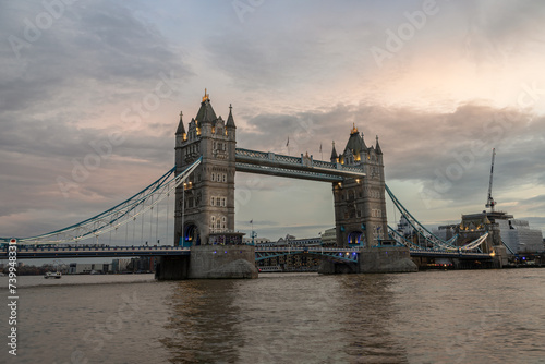 Scenery view of famous Tower bridge and skyline in the river thames at evening. Copy space  Selective focus.