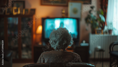 An elderly woman watching TV 
