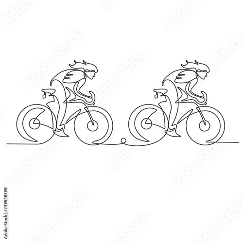 One continuous line drawing of young energetic man bicycle racer race at cycling track. Racing cyclist concept. Hand draw design for cycling tournament banner minimalist style vector