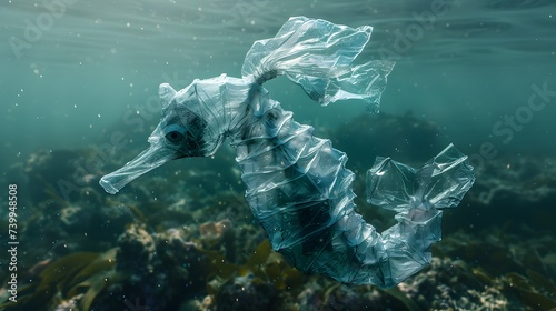 Plastic Seahorse Swimming in Ocean
