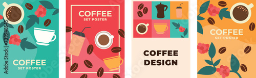 Set of color posters coffee design. Vector drawing coffee beans cup tree design elements. Banner poster flyer cover template.