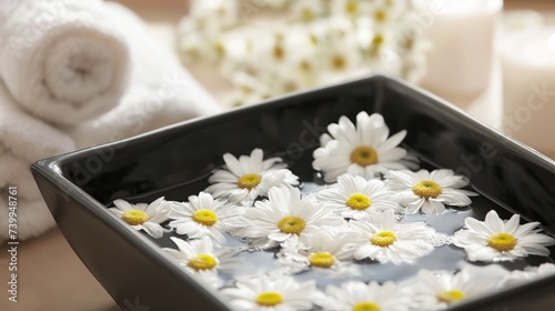 flowers floating in black square bowl with white towels