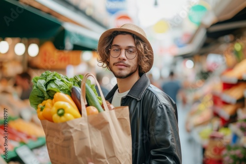 Young man holding craft paper bag filled with vegetables and bread, standing outdoors with supermarket on the background.