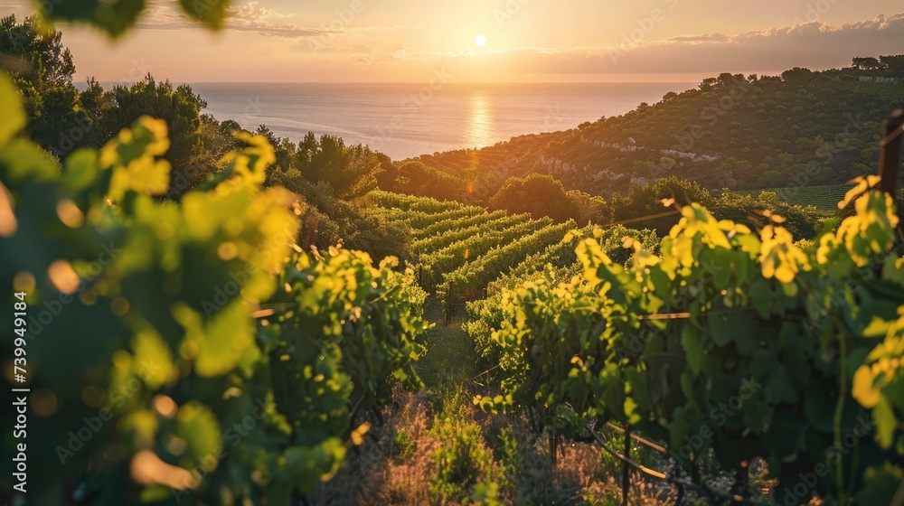 Fototapeta premium Vineyards on the slopes of the Mediterranean coast, rays of the setting sun shining into the camera, warm summer evening, professional photo