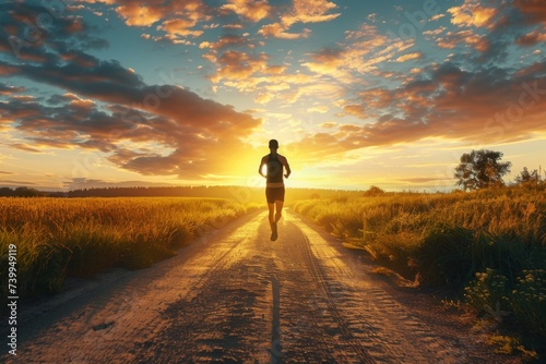 Runner's Sunset Silhouette - A lone runner on a country road at sunset