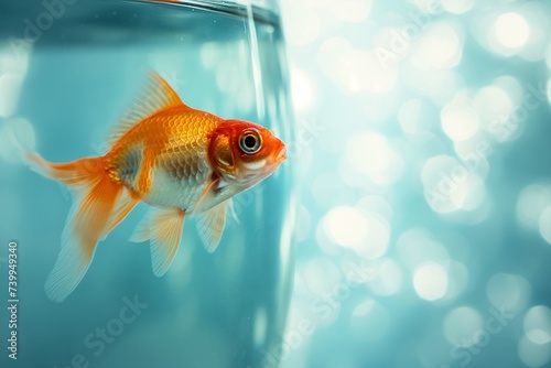 Goldfish in aquarium on blue background, copy space photo