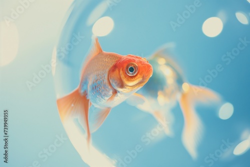 Goldfish in aquarium on blue background, copy space photo
