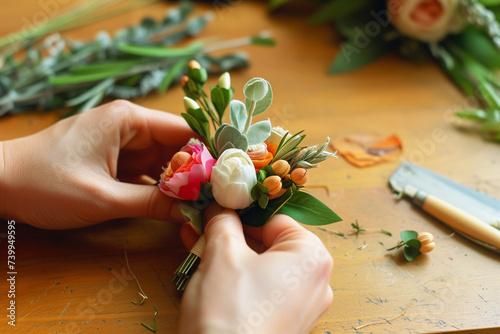 diy tutorial scene of making a silk flower boutonniere on a worktable