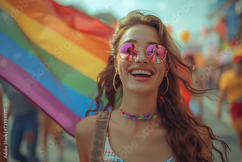 lgbt pride, girls walk hand in hand down the street with rainbow flags © Evhen Pylypchuk