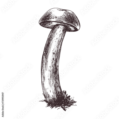 Forest edible mushroom boletus with moss on a stem. Graphic botanical illustration hand drawn in brown ink. For recipes, packaging, autumn festival, harvest. Isolated object