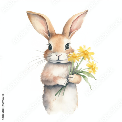 Cute Easter Bunny Holding Bouquet of Flower. Hand Drawn Watercolour Rabbit Illustration Isolated on White Background.