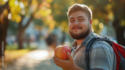 Overweight man eating an apple. Healthy food concept. Ai generated image