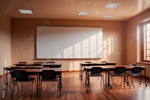 Empty modern classroom with blank whiteboard, bright sunny cheerful education environment
