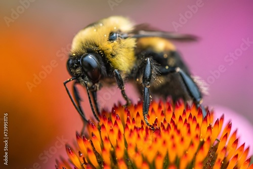 Bee seated atop an orange flower with red edges. © Wirestock