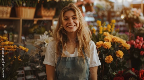 Girl in apron, saleswoman in flower shop looking at camera and smiling, small business, selling flowers