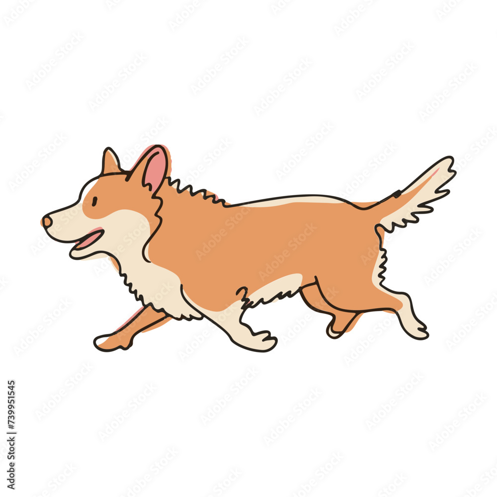Pastel colored running dog, one Line art minimalistic drawing, side view, clothing with pastel colors, against a pure white background, illustration