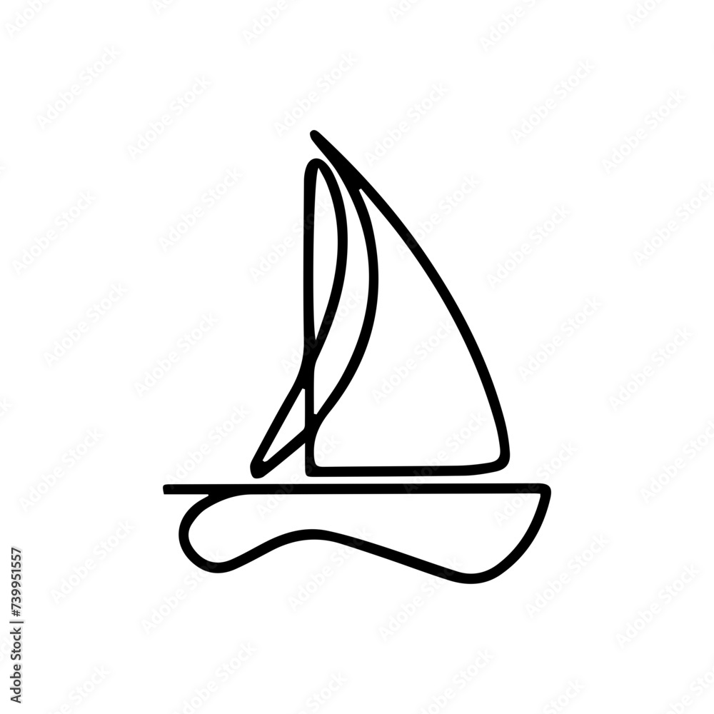 Abstract continuous line drawing of yacht sailing on sea during sunset
