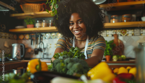 A happy black woman assorting fresh vegetables for cooking in her kitchen