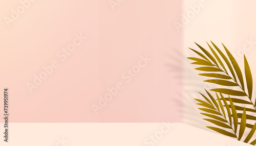 Empty Wall Room Background,3D Display Studio with Coconut Palm Shadow,Studio with sunlight overlay on Beige wall,Vector minimal backdrop design Spring,Summer Product Presentation for Sale, Promotion