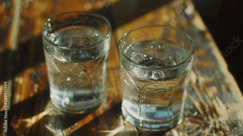 Glasses of water on a wooden table.