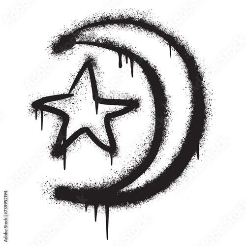 Spray Painted Graffiti moon and star Sprayed isolated with a white background.