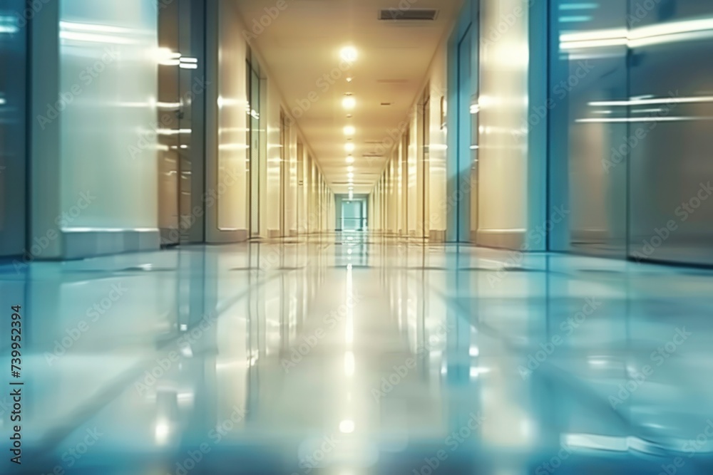 Modern interior corridor in business building embodying futuristic architectural design welllit space offering perspective and motion perfect for urban office environments transportation hubs