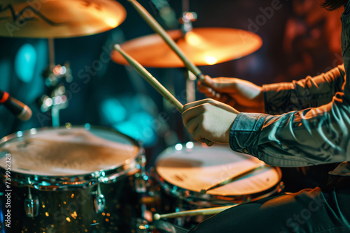 drummer packing drum kit with tossed drumsticks