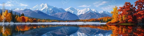 Autumn's reflection serene lake mirroring fall's fiery foliage and mountains © pier