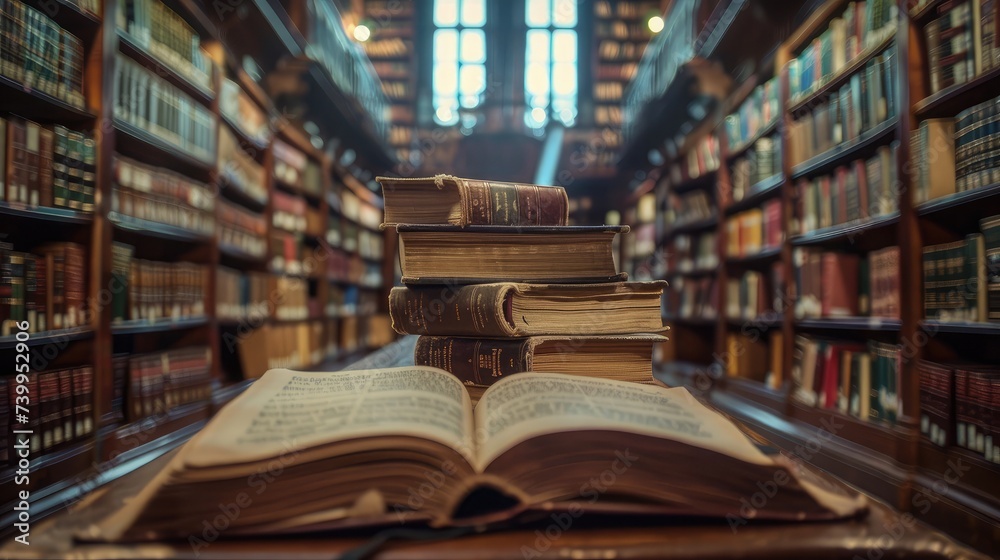 Old book in library with open textbook, stack piles of literature text archive on reading desk, and aisle of bookshelves in school study class room background for academic education learning concept Old book in library with open textbook, stack piles of literature text archive on reading desk, and aisle of bookshelves in school study class room background for academic education learning concept