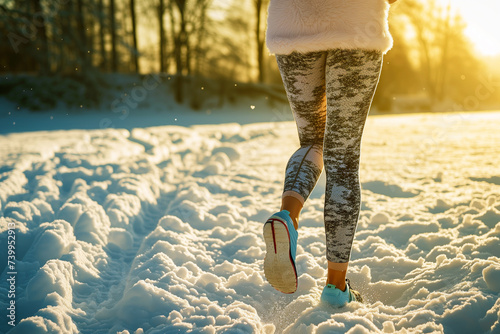 woman in seventies with leggings, jogging in winter snow